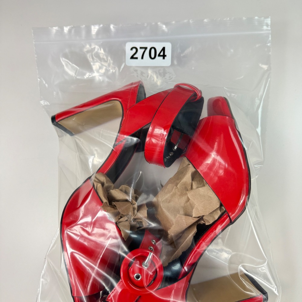 Express Womens Size 7 Red Patent Grommet Ankle Strap Chunky High Heel Sandals - Picture 13 of 13